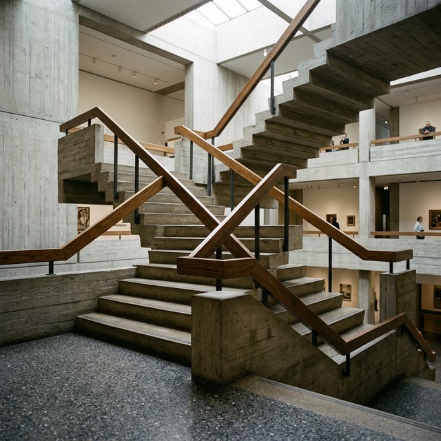 At the heart of a restrained Brutalist museum, a folded concrete stair rises beside smoked-oak handrails and terrazzo landings; skylight washes the treads, seen from the lower landing, with aligned flights and believable supports. — Nano Banana 2.1
