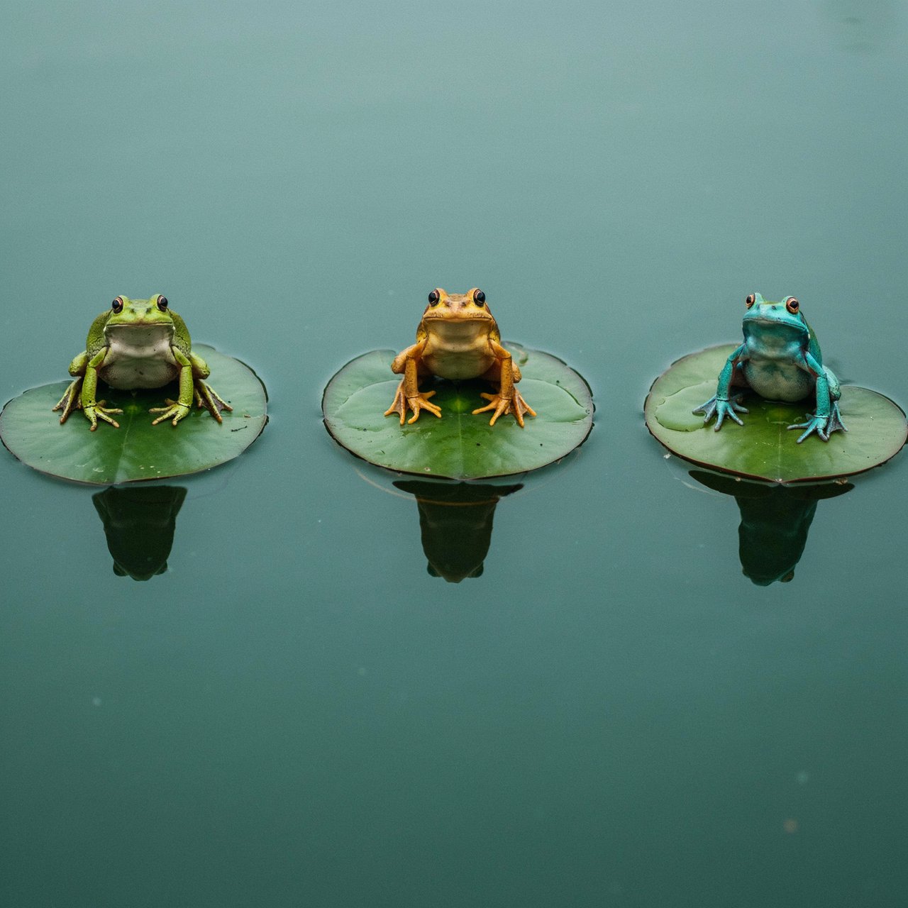A still pond holds exactly three frogs on separate lily pads: a lime-green frog at the left, a golden-yellow frog in the center, and a turquoise frog at the right. All face forward; nothing else. — Ideogram v4