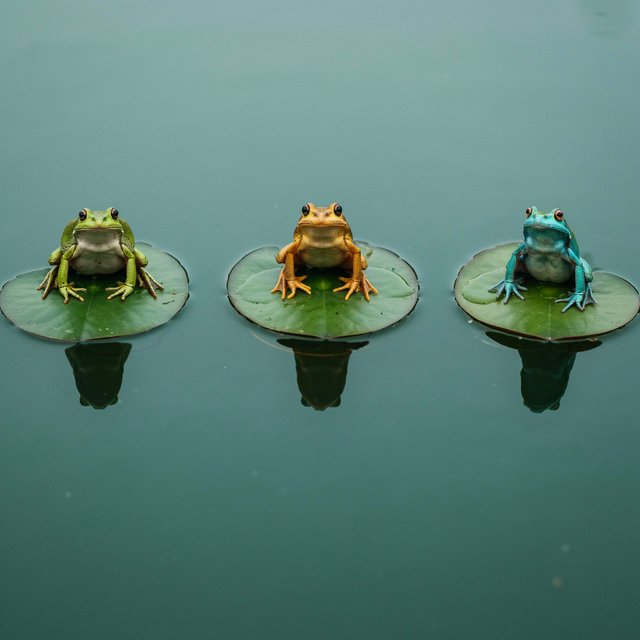 A still pond holds exactly three frogs on separate lily pads: a lime-green frog at the left, a golden-yellow frog in the center, and a turquoise frog at the right. All face forward; nothing else. — Model 7
