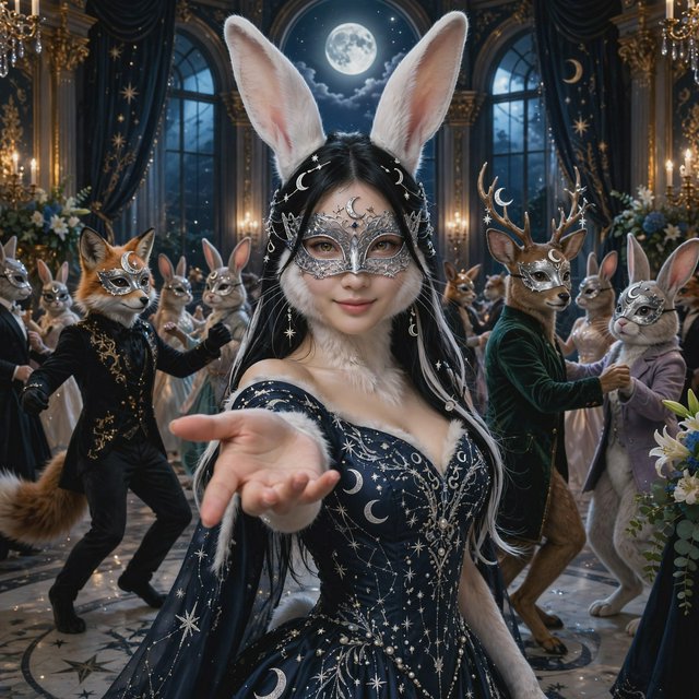 Create the most glamorous and mysterious midnight masked-ball scene, where various alluring anthropomorphic animals, such as foxes, deer, and rabbits, pose and dance under the moon. They wear moon-themed masks. In the middle foreground stands the most exquisite, alluring human-rabbit hybrid, with long white rabbit ears, a pulchritudinous East Asian face, an hourglass figure, rabbit-fur features, and human skin blended aesthetically. She wears the most exquisite silk dress with moon patterns and cross-star embroidery. She poses in a beckoning gesture, inviting the viewer to be her dance partner at the masquerade. No speech. — Muse Image 1.0