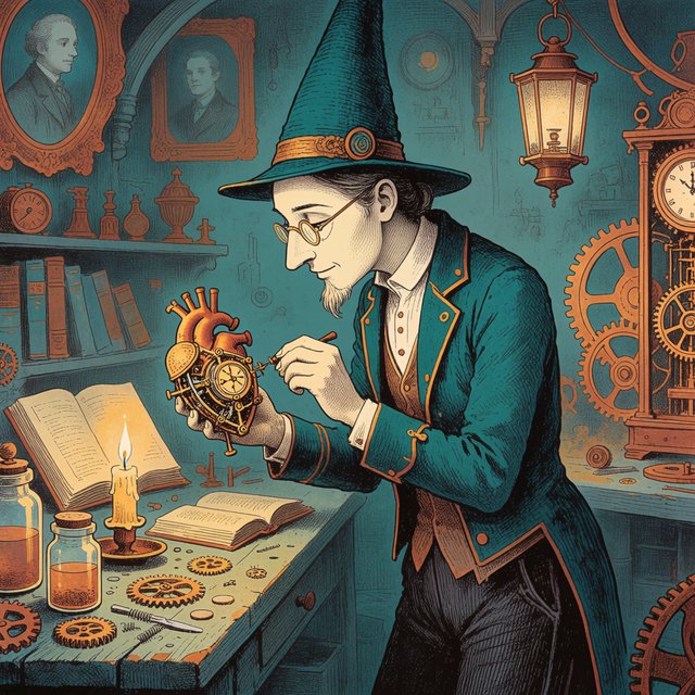 Engraved ink illustration of an adult clockmaker assembling a whimsical brass automaton in a candlelit workshop, with gears, springs, and glass jars surrounding the bench. Palette of charcoal, copper, teal, and honey yellow, with crisp crosshatching and warm shadows. — Krea 2 Medium
