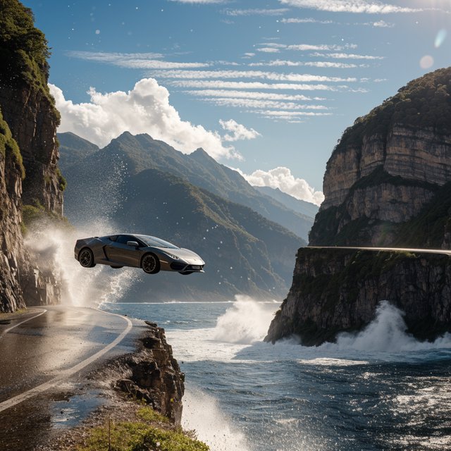 A sports car in a daredevil stunt has driven off a road from a high cliff, attempting to fly and land on the road on the next cliff. Beautiful mountainous background, sunny blue sky. Show motion, speed, and action. — Recraft v4
