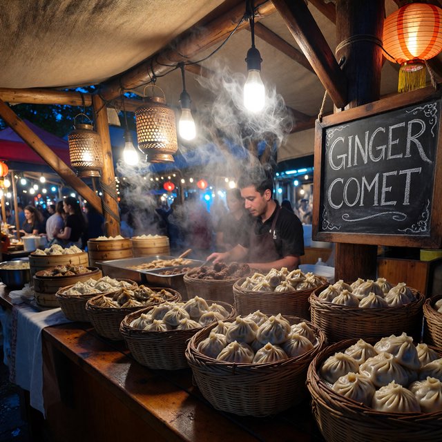 Steam curls above baskets of dumplings at a lively night-market stall, lantern light warming its canvas canopy; "GINGER COMET" is chalked in bold white letters on a blackboard beside the serving counter. — ImagineArt 1.5 Pro