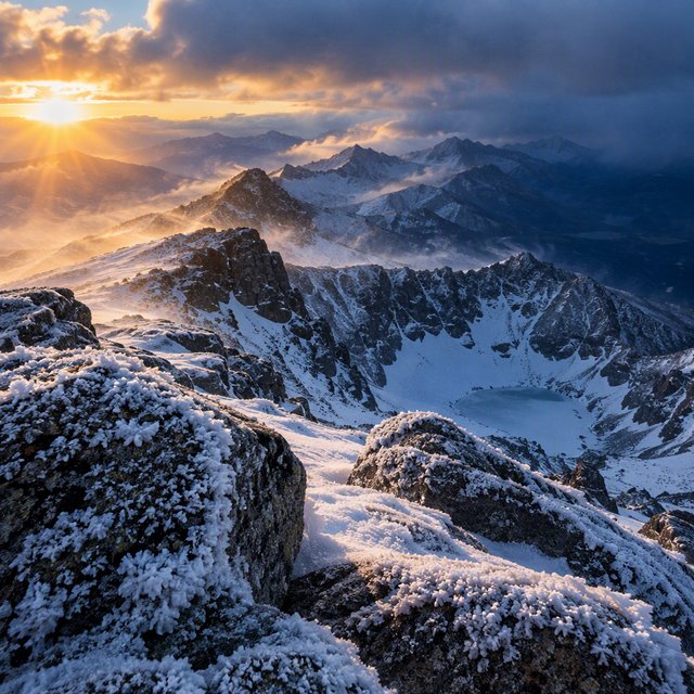 Wind combs a high granite ridge above a glacial cirque at sunrise, beneath clearing snow squalls; granular rime crusts foreground boulders while successive peaks dissolve into blue cloud shadow. — GPT Image 2.5 Flare