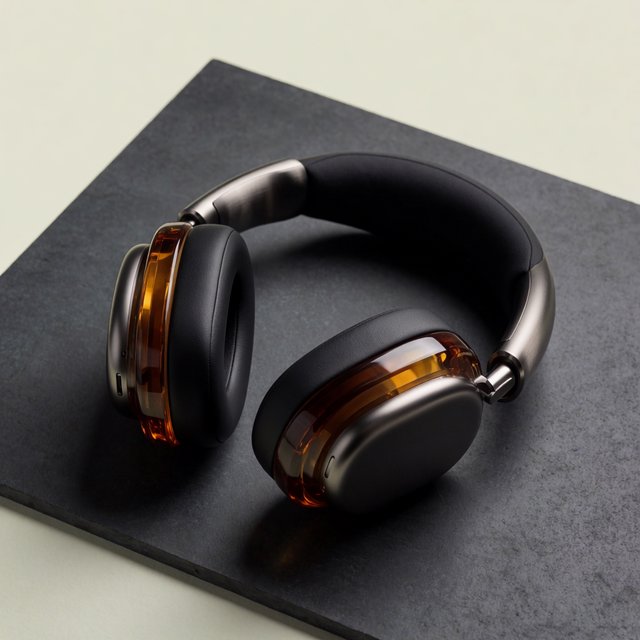 Commercial product photograph of unbranded over-ear headphones crafted from translucent amber resin and brushed titanium, resting on a dark slate surface against a muted cream background, lit by a broad diffused softbox and a delicate rim light. — Krea 2 Medium