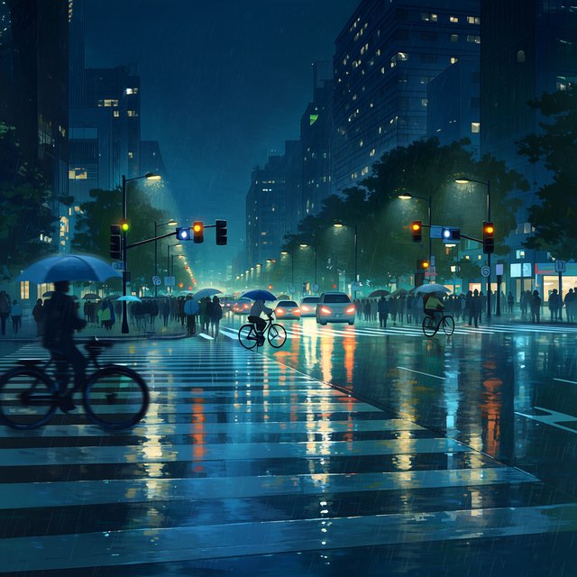 A rain-soaked city crosswalk at night seen from across the street, umbrellas, reflections of traffic lights on wet asphalt, slight motion blur on a passing cyclist. — Midjourney Niji 7