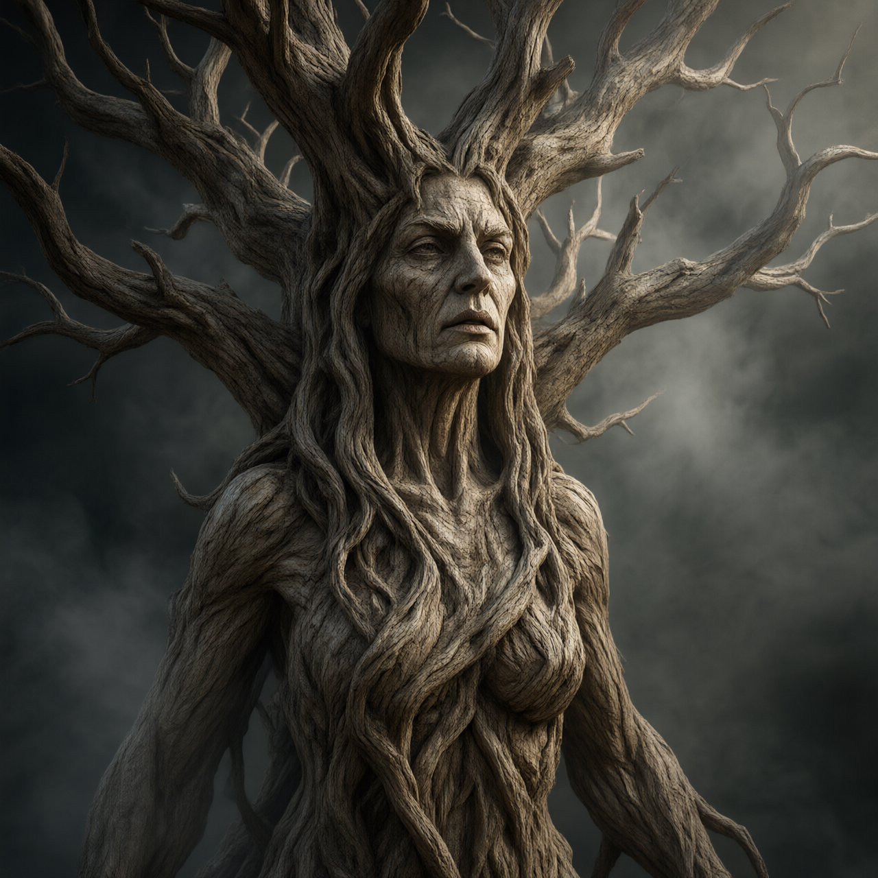 fantasy aesthetic, volumetric fog, chiaroscuro lighting, subsurface scattering, sculptural realism, an epic adult dryad. — Qwen Image 3.0