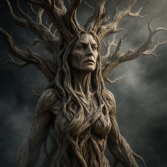 fantasy aesthetic, volumetric fog, chiaroscuro lighting, subsurface scattering, sculptural realism, an epic adult dryad. — Qwen Image 3.0