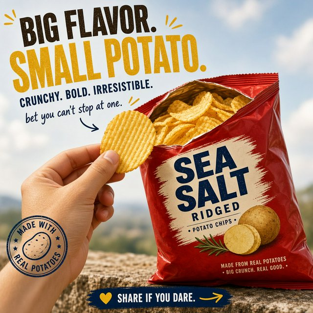 A creative promotional poster for potato chips featuring a forced perspective effect. — Grok Imagine Image 2