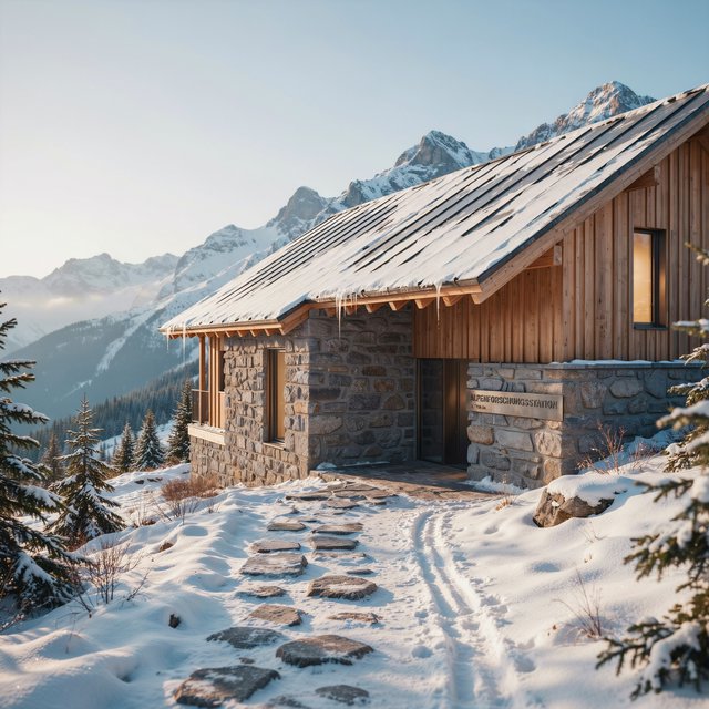 Exterior of a contemporary alpine research lodge in restrained regional modernism, rough granite walls, larch screens, steep standing-seam roof, crisp snow-bright morning light, viewed from below across a mountain footpath, sound structural geometry. — Ideogram v4