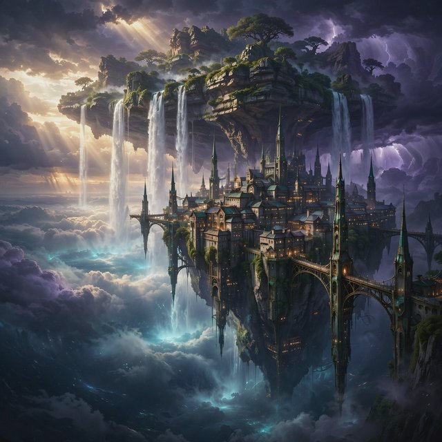A colossal cliffside monastery hangs beneath a floating island, its waterfalls falling into luminous cloud seas. Bronze bridges connect needle towers, while dawn rays pierce violet storms and tiny windows glow above an endless abyss. — Muse Image 1.0