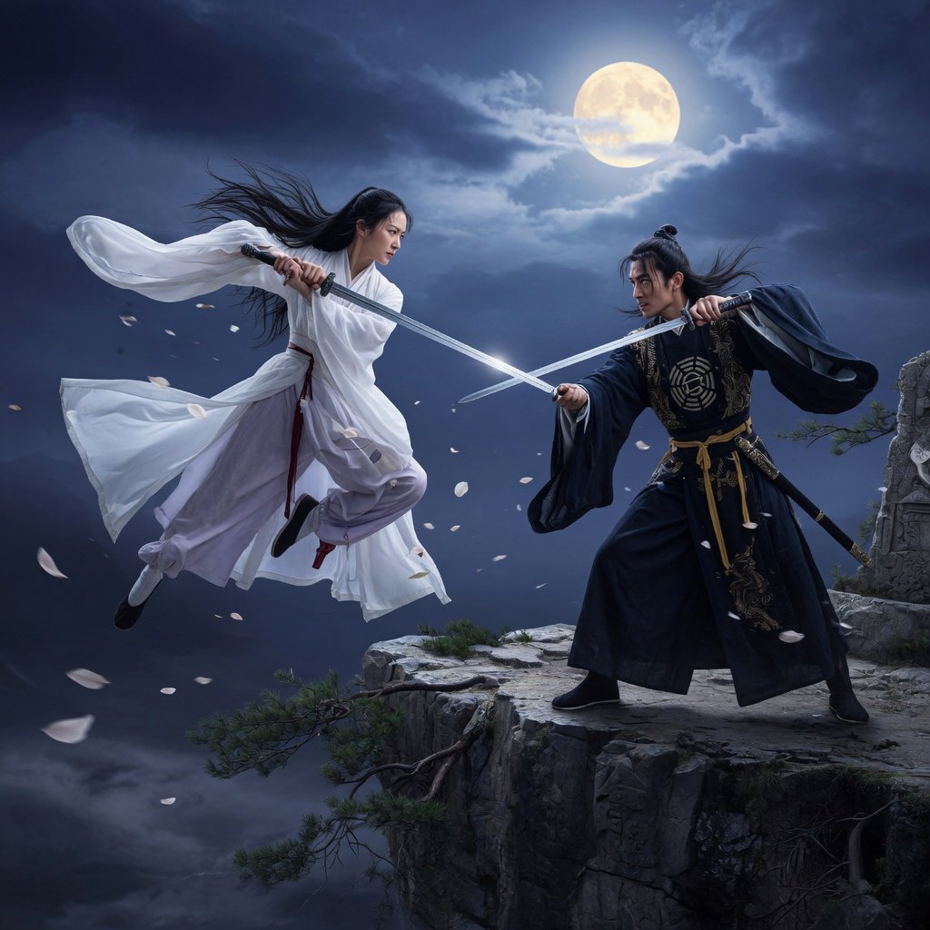 Frontal cinematic shot of two adult martial artists dueling on a cliff at night in ancient China: a female swordswoman in flowing white hanfu is airborne in a dynamic combat pose, thrusting her sword forward, while a male swordsman in traditional Taoist robes firmly parries her attack with his own blade. Moonlit night, wind sweeping their garments and hair, dramatic cliffside setting, tense face-off, elegant wuxia atmosphere, vivid motion, visually striking. — Grok Imagine Image Quality