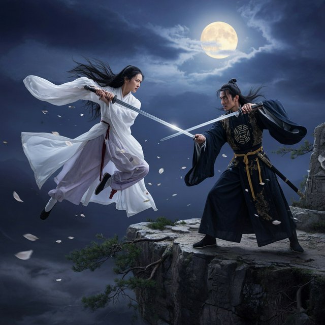 Frontal cinematic shot of two adult martial artists dueling on a cliff at night in ancient China: a female swordswoman in flowing white hanfu is airborne in a dynamic combat pose, thrusting her sword forward, while a male swordsman in traditional Taoist robes firmly parries her attack with his own blade. Moonlit night, wind sweeping their garments and hair, dramatic cliffside setting, tense face-off, elegant wuxia atmosphere, vivid motion, visually striking. — Grok Imagine Image Quality