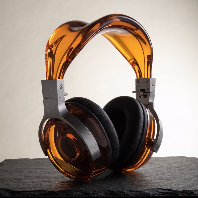 Commercial product photograph of unbranded over-ear headphones crafted from translucent amber resin and brushed titanium, resting on a dark slate surface against a muted cream background, lit by a broad diffused softbox and a delicate rim light. — Recraft v4