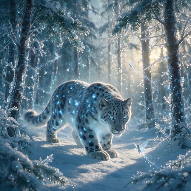 A majestic snow leopard, its fur shimmering with an internal bioluminescent glow, stalks through a frozen, enchanted forest. Crystalline trees with glowing, frost-covered leaves create a magical winter wonderland. Tiny, winged sprites flit between the branches, leaving trails of stardust. The image should capture the essence of a fairytale winter scene with a touch of photorealism, emphasizing the mystical light and the creature's ethereal presence. — Model 20