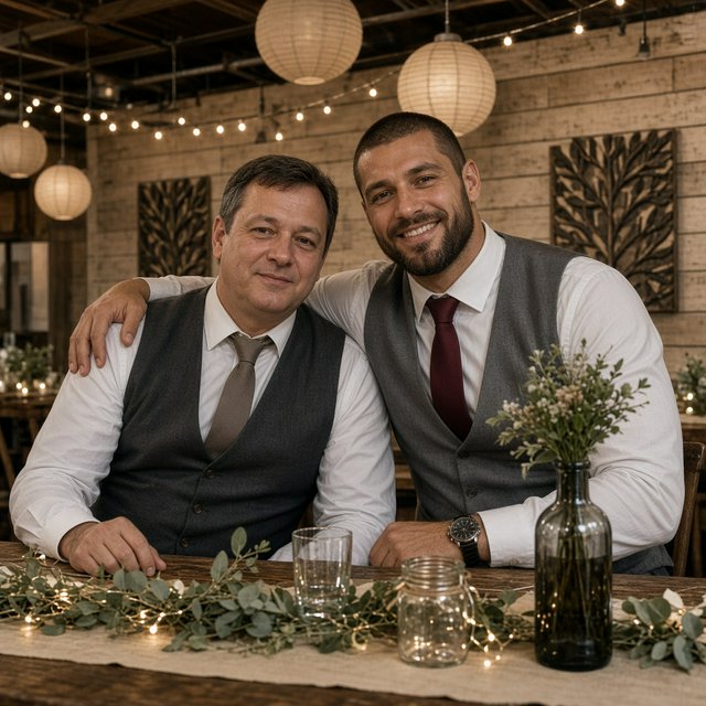 (Character1: rugby player body type, tall, brunet male, age 30, buzzcut hair and neatly groomed matching beard). Medium eye-level shot, photorealistic, two men seated at a wooden banquet table: the left middle-aged man wears a white dress shirt, charcoal waistcoat, and taupe tie, with his right arm on the table; the right man, Character1, smiles directly at the camera, wearing a white dress shirt, grey waistcoat, maroon tie, and a watch on his left wrist, with his left arm draped over the first man's shoulder. In the foreground: a table runner with eucalyptus sprigs, small fairy lights, a bottle holding flowers, a glass jar, and a water glass. Background: an exposed light horizontal wood plank wall with two decorative leaf panels, an exposed industrial ceiling with hanging paper lanterns, and fairy string lights. Warm, soft ambient overhead event lighting, natural indoor venue atmosphere, shallow depth of field. Art style: dramatic painterly realism with realistic skin texture, strong chiaroscuro, slightly gritty textured brushwork, fantasy illustration mood. — Grok Imagine Image 2