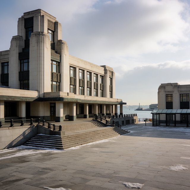 Exterior of a coastal Art Deco ferry terminal, cream limestone, dark bronze window frames, stepped geometric tower and sheltered arcade, late-morning sunlight casting sharp shadows, viewed from across a windswept stone forecourt, realistic architectural photography with precise lines and plausible structure. — Krea 2 Medium