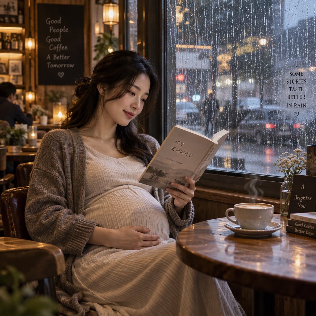 Photorealistic cinematic scene of a pregnant Chinese woman sitting in a cozy café by the window, reading a book. She appears calm, gentle, and thoughtful, with one hand resting naturally near her belly. On the table beside her is a cup of coffee, softly steaming. Outside the large window, heavy rain pours down, with streaks of water on the glass and a blurred rainy street beyond. The café interior is warm and inviting, with soft ambient lighting, wooden textures, and a peaceful atmosphere that contrasts with the storm outside. The composition should feel intimate, emotional, and serene, with the woman as the clear focal point. — GPT Image 2.5 Sunburst