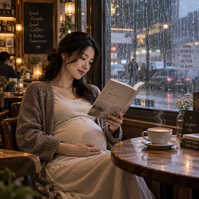 Photorealistic cinematic scene of a pregnant Chinese woman sitting in a cozy café by the window, reading a book. She appears calm, gentle, and thoughtful, with one hand resting naturally near her belly. On the table beside her is a cup of coffee, softly steaming. Outside the large window, heavy rain pours down, with streaks of water on the glass and a blurred rainy street beyond. The café interior is warm and inviting, with soft ambient lighting, wooden textures, and a peaceful atmosphere that contrasts with the storm outside. The composition should feel intimate, emotional, and serene, with the woman as the clear focal point. — GPT Image 2.5 Sunburst