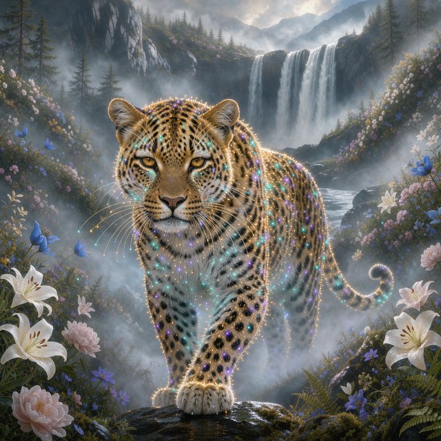 A majestic leopard, its fur detailed in intricate glowing fiber optics, emerges from a dreamlike, mist-shrouded floral mountain landscape with a waterfall in the background. The scene is bathed in ethereal light, evoking a sense of awe and wonder. — FLUX 3 Image