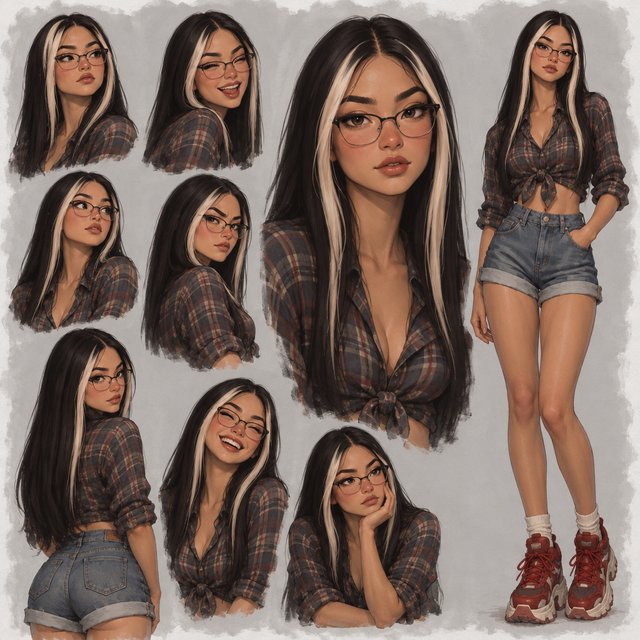Character exploration sheet of the same woman: several bust and waist-up studies with varied expressions and 3/4 views, including one from behind, glancing over her shoulder at the viewer; one larger central portrait; and one full-length figure at the side, spanning the image height. Plain light-gray background with irregular painted edges. Character: 25-year-old Korean woman with long straight black hair and two platinum face-framing streaks from roots to ends, glasses, tipped almond eyes, Asian skin tone, plaid button-up tied at the waist, cuffed denim shorts, chunky red sneakers. Style: stylized semi-realistic digital painting; animation-inspired proportions, large eyes, strong brows, simplified but solid anatomy, painterly shape-based rendering, minimal linework, soft facial shading, angular clothing brushwork, warm luminous skin with peach/terracotta undertones and rosy cheeks/nose, sculpted hair, muted charcoal/earth palette, soft studio light, loose unfinished edges. — Model 3