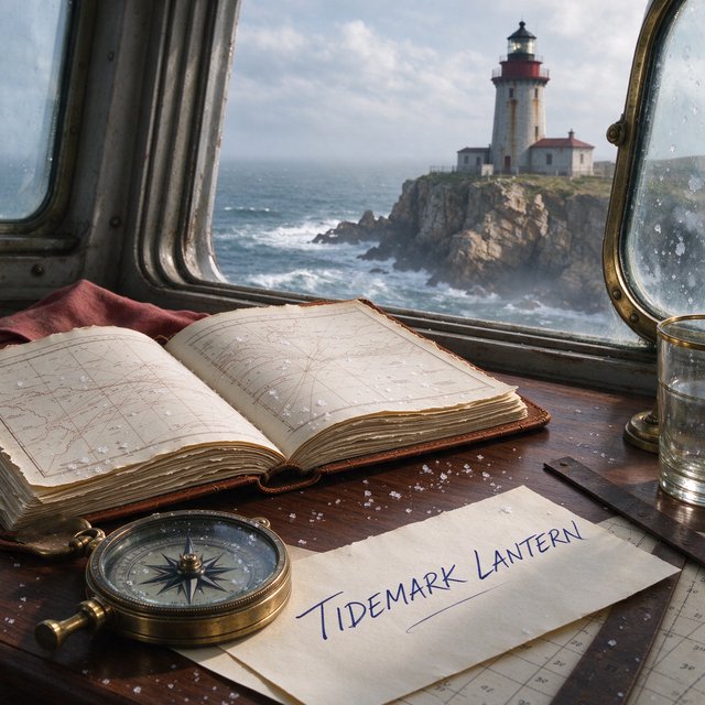 Beside a cliffside lighthouse, a salt-speckled logbook lies open on a chart table; "TIDEMARK LANTERN" is handwritten in looping dark-blue ink across a cream note tucked beneath the compass, with no other legible writing. — Seedream 5.0 Flash