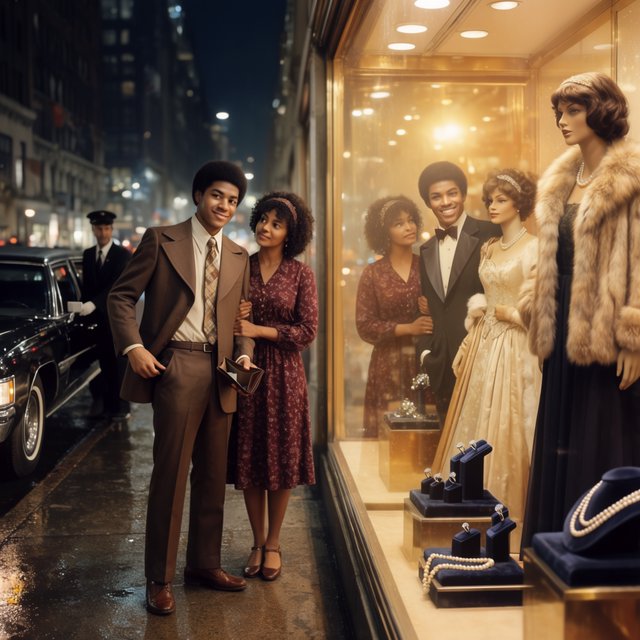 Cinematic city scene at night, with the glamour of 1970s soul romance. In the foreground, a young Black man in a modest brown wide-lapel suit smiles at his adult beloved, playfully turning out his empty trouser pocket while holding an almost-empty wallet. His adult girlfriend wears a burgundy patterned dress and delicate hairband; she holds his arm and gazes at him lovingly, unconcerned by his lack of money. Beside them, a grand department-store window glows amber, displaying a luxurious fur coat, regal evening gown, diamond rings and strings of pearls. In the glass, their reflections appear elegantly dressed, hinting at the lavish life he dreams of giving her. A polished black limousine waits at the curb beside a uniformed chauffeur. Wet pavement mirrors golden lights; deep blue city buildings balance the amber, cream and burgundy palette. Warm, joyful, sincere mood; realistic faces and hands, detailed fabrics and reflections. No text, borders or collage. — Krea 2 Large