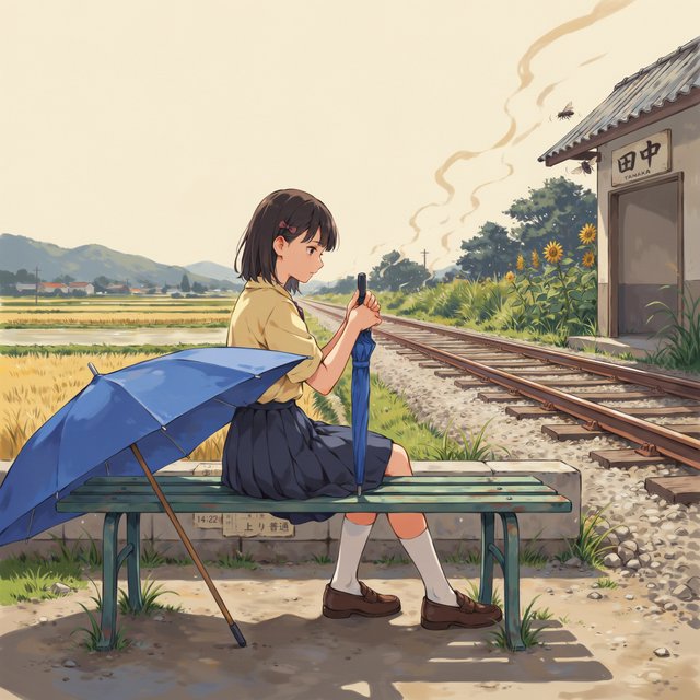 Anime-style illustration of a girl with a blue umbrella waiting at a rural train station in summer, cicadas implied by heat haze, cel shading. — Ideogram v4
