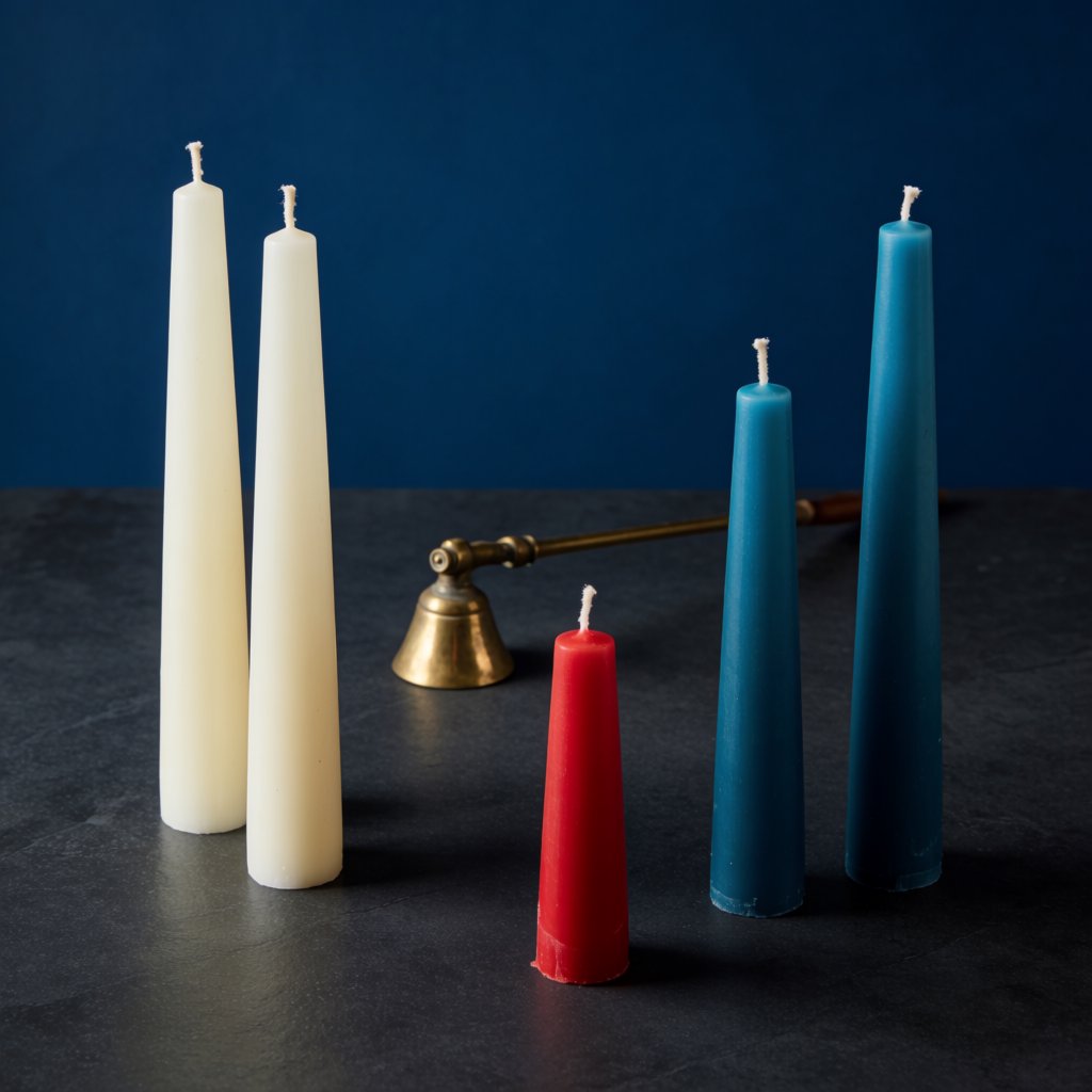 Exactly five candles stand on a dark slate tabletop: two ivory candles on the left, one red candle in the center, and two teal candles on the right. A brass snuffer sits above the red candle, nothing else. — Krea 2 Medium