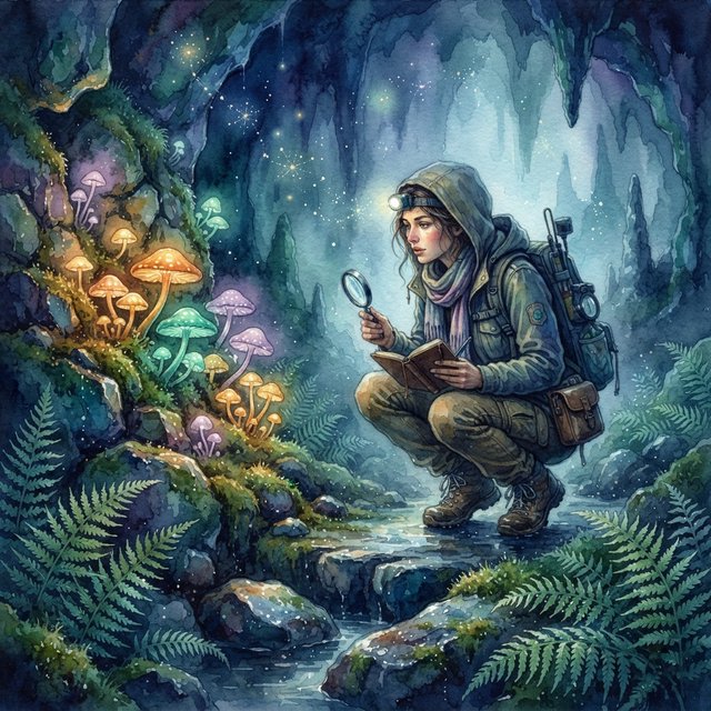 Watercolour illustration of an adult botanist studying luminous fungi in a misty cave, with fern fronds, glistening stone and drifting spores. Palette of jade, lilac, amber, and deep indigo, with translucent washes. — Nano Banana 2 Lite