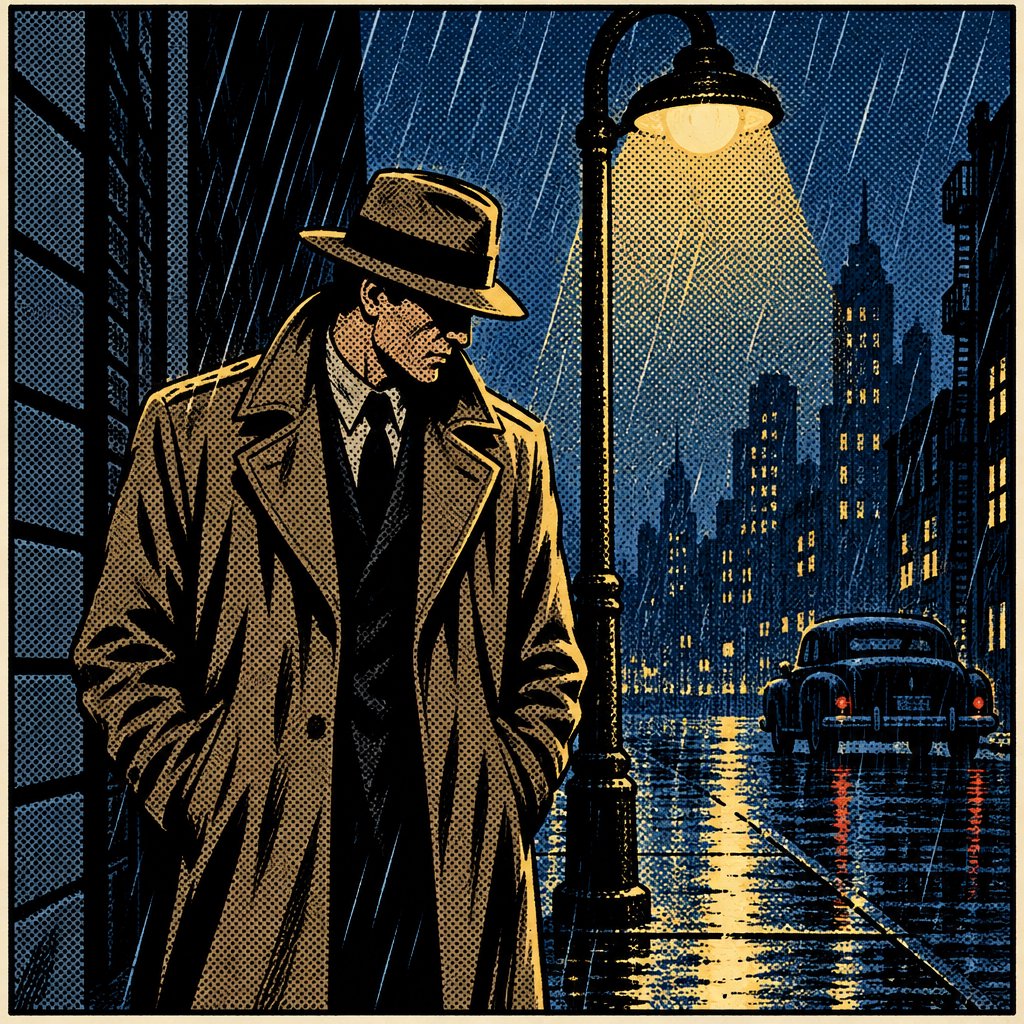Comic panel of a detective in a trench coat under a streetlamp in the rain, bold ink, halftone shading, no speech bubbles. — GPT Image 2.5 Flare