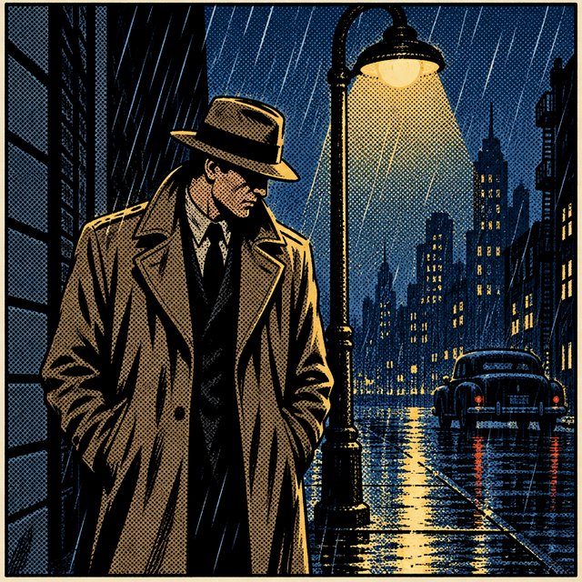 Comic panel of a detective in a trench coat under a streetlamp in the rain, bold ink, halftone shading, no speech bubbles. — GPT Image 2.5 Flare