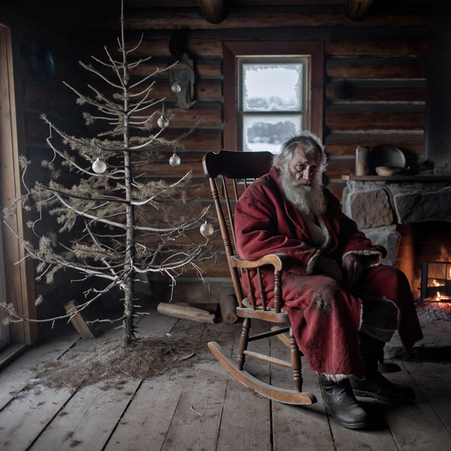 A melancholic, somewhat disheveled Santa Claus in a worn, dirty coat. He sits in his cabin at the North Pole next to a desolate, needleless Christmas tree, its decorations hanging only sporadically. The aura radiates a quiet despair. — ImagineArt 2