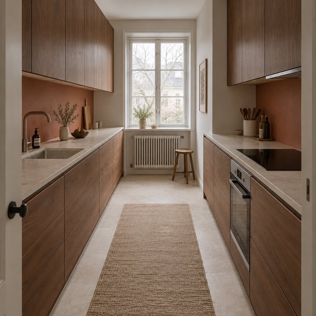 Along a galley kitchen, flat-front walnut cabinets meet pale limestone counters and a matte terracotta backsplash in restrained Scandinavian modern style; soft north-window daylight reveals the worktop from the doorway, with clean aligned lines and believable supports. — GPT Image 2.5 Flare