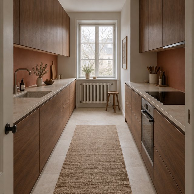 Along a galley kitchen, flat-front walnut cabinets meet pale limestone counters and a matte terracotta backsplash in restrained Scandinavian modern style; soft north-window daylight reveals the worktop from the doorway, with clean aligned lines and believable supports. — Model 3