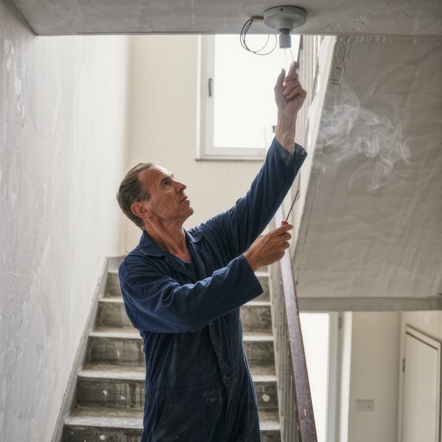 Candid documentary photograph of an adult building caretaker changing a ceiling light in a quiet apartment stairwell, pale afternoon window light, 35mm lens with moderate depth of field, plaster dust drifting from the fixture. — Kling v3 Omni
