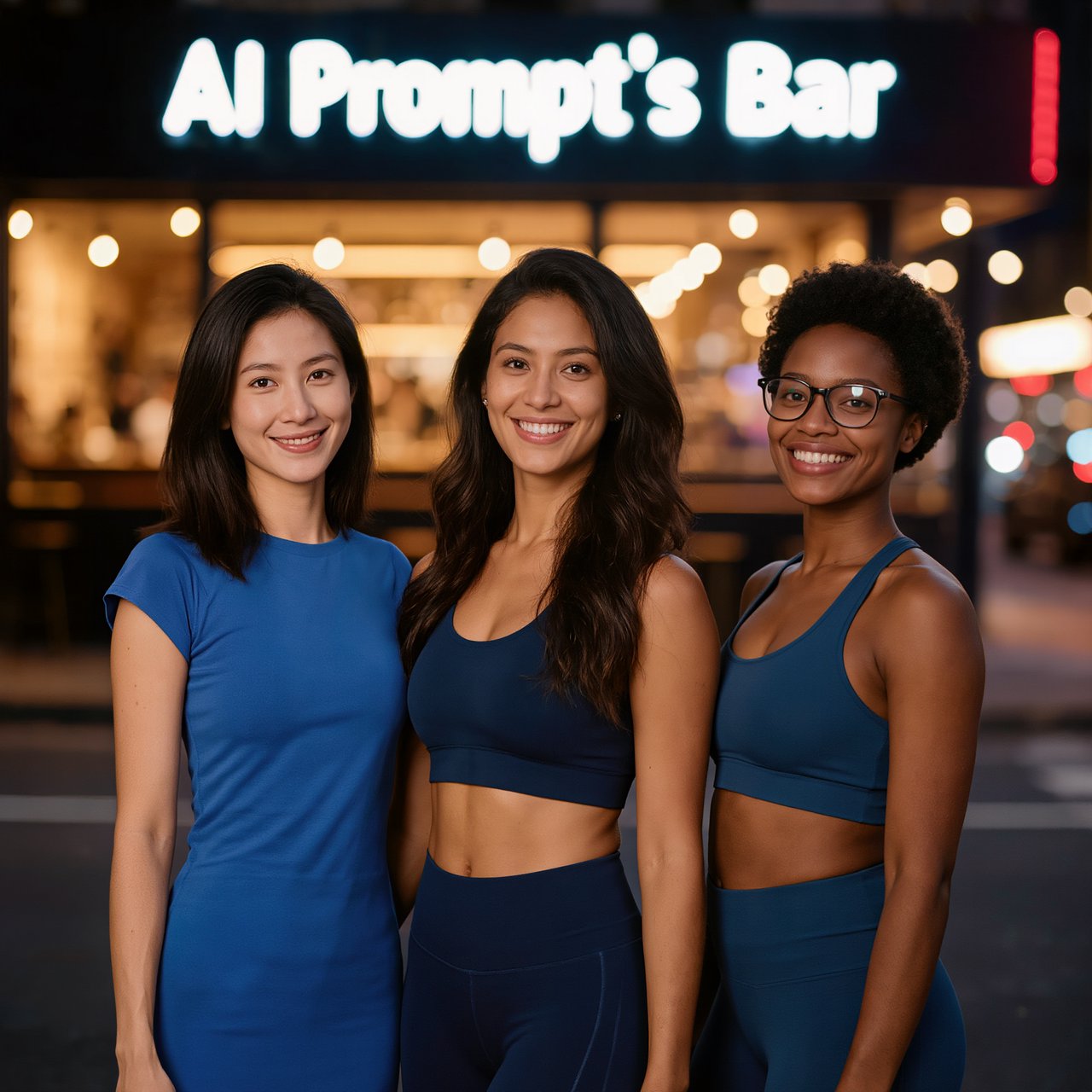 Photorealistic image, late at night. The image shows a pretty 21-year-old Japanese woman wearing a blue dress that fits her body. Next to her is a pretty 24-year-old Indian woman wearing a crop top and leggings that fit her. Another is a pretty Black woman, age 23–27, wearing gym wear and glasses. They are having a group photo in front of a bar called “AI Prompt’s Bar.” The image shows full front, back, and side views of the women. Vibe: busy friends who finally made time to hang out. — Kling v3