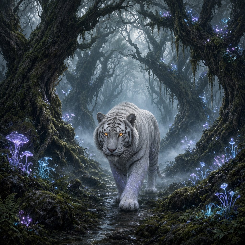 A majestic white tiger with eyes like molten gold, walking through a misty, ancient forest. Strange, bioluminescent flora casts an ethereal glow on the gnarled trees and moss-covered stones. The atmosphere is one of profound mystery and quiet solitude. Rendered in the style of detailed matte painting with a touch of dark fantasy concept art. — Grok Imagine Image 2