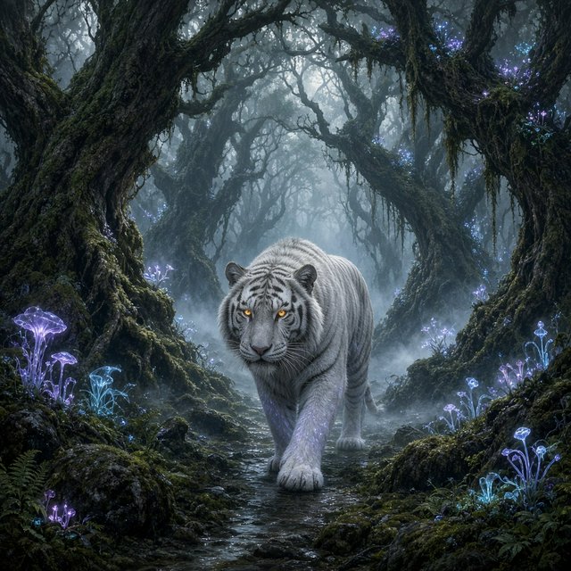 A majestic white tiger with eyes like molten gold, walking through a misty, ancient forest. Strange, bioluminescent flora casts an ethereal glow on the gnarled trees and moss-covered stones. The atmosphere is one of profound mystery and quiet solitude. Rendered in the style of detailed matte painting with a touch of dark fantasy concept art. — Grok Imagine Image 2