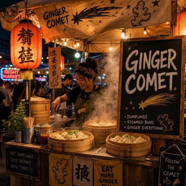 Steam curls above baskets of dumplings at a lively night-market stall, lantern light warming its canvas canopy; "GINGER COMET" is chalked in bold white letters on a blackboard beside the serving counter. — GPT Image 2
