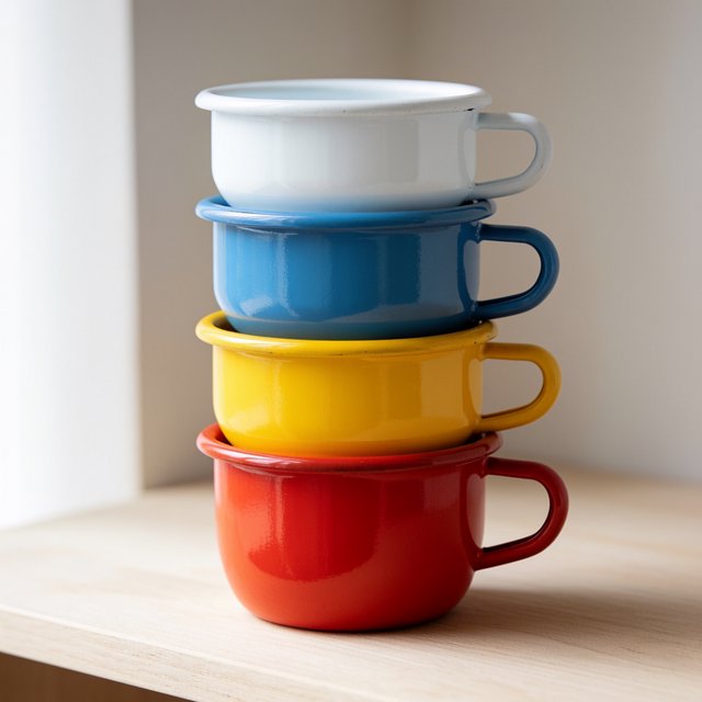 Exactly four enamel camping cups form a vertical tower on a pale wooden shelf, bottom to top: red, yellow, blue, white; all handles face right. Soft morning light, nothing else. — Krea 2 Medium