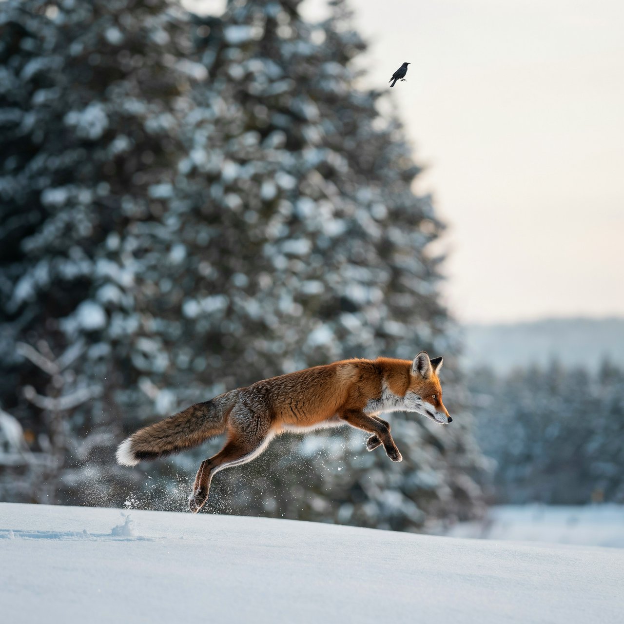 A red fox springs through powdery snow at the edge of a pine forest, ears forward and paws suspended. A real-world wildlife telephoto photograph in pale dawn light, 300mm lens, with snow crystals frozen midair. — Ideogram v4