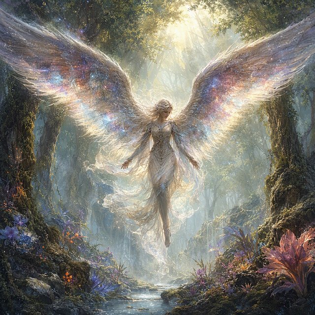 A lone angel with feathered wings, composed of swirling cosmic dust and nebulae, descends into a quiet, enchanted forest. Sunlight filters through the ancient canopy, illuminating wisps of mist and the vibrant, otherworldly plants below. The style is a fusion of hyper-detailed fantasy illustration and soft watercolor techniques, with the polished finish of concept art. — GPT Image 2