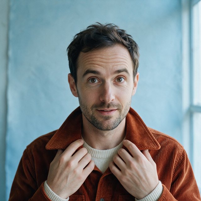 Portrait photograph of an adult man in his late 30s wearing a rust-colored corduroy overshirt over a cream knit, fingertips resting on its broad collar. His quietly curious gaze meets the camera against a pale blue plaster backdrop, softly lit by cool side-window light. — Seedream 5.0 Pro