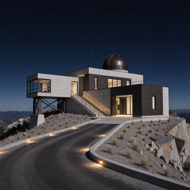 A hilltop observatory in spare contemporary architecture glows against the midnight sky, its pale concrete walls, bronze panels, and narrow windows lit from within; viewed from the access road, crisp edges and credible structural supports. — FLUX 3 Image