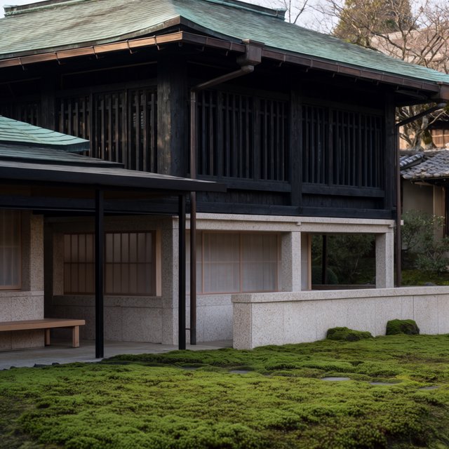 Exterior of a Kyoto-inspired contemporary teahouse in restrained Japanese timber architecture, charred cedar screens, pale granite, and a copper-clad roof; soft rain-bright afternoon light, viewed obliquely from a moss garden path, precise joinery and credible structure. — Krea 2 Large