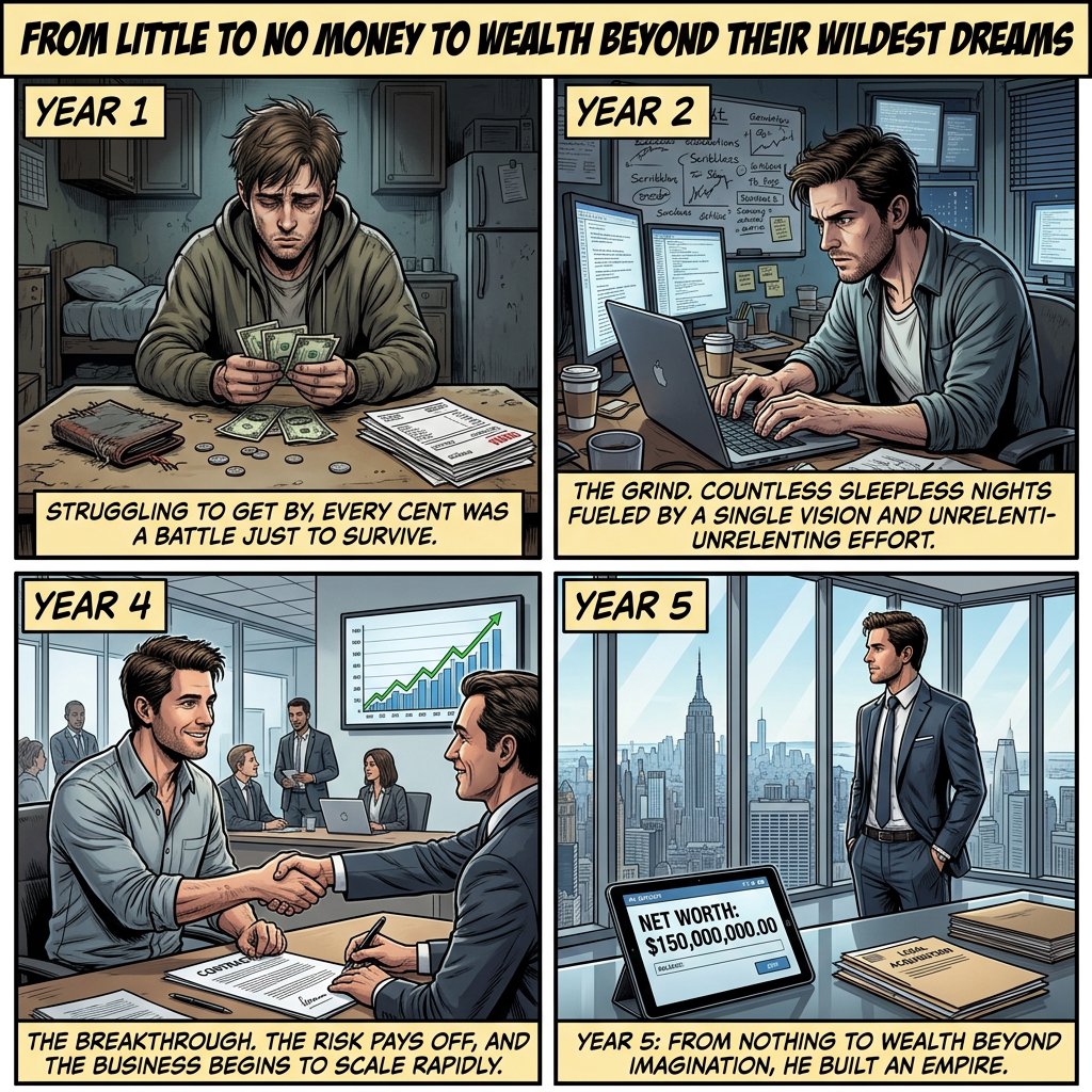 Realistic comic. At least 4 panels. It showcases 5 years of someone's life, from the first year, when they struggled to make money, to the fifth year, when they are worth millions to billions of dollars. Make sure money is seen at least once in the image. At the top, it says "From Little to no money to wealth beyond their wildest dreams". — Nano Banana 2.1