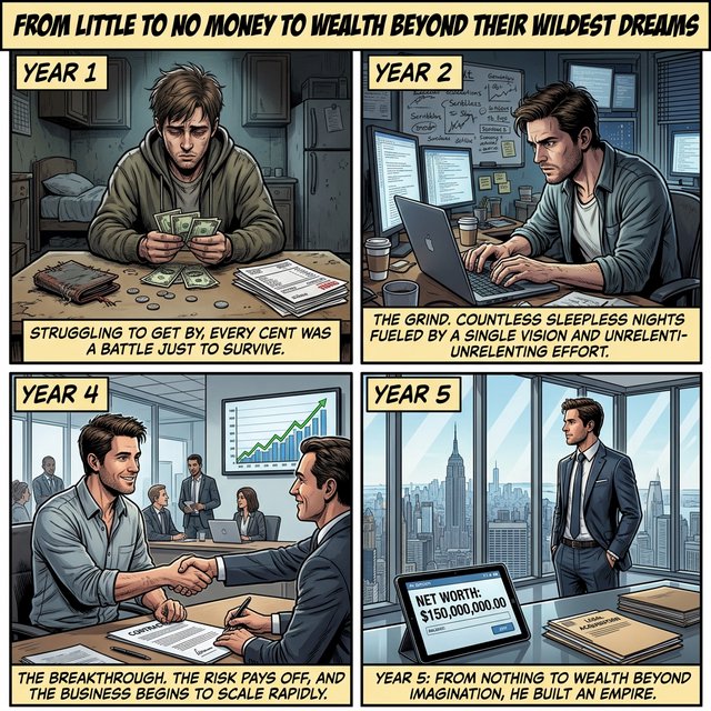 Realistic comic. At least 4 panels. It showcases 5 years of someone's life, from the first year, when they struggled to make money, to the fifth year, when they are worth millions to billions of dollars. Make sure money is seen at least once in the image. At the top, it says "From Little to no money to wealth beyond their wildest dreams". — Nano Banana 2.1