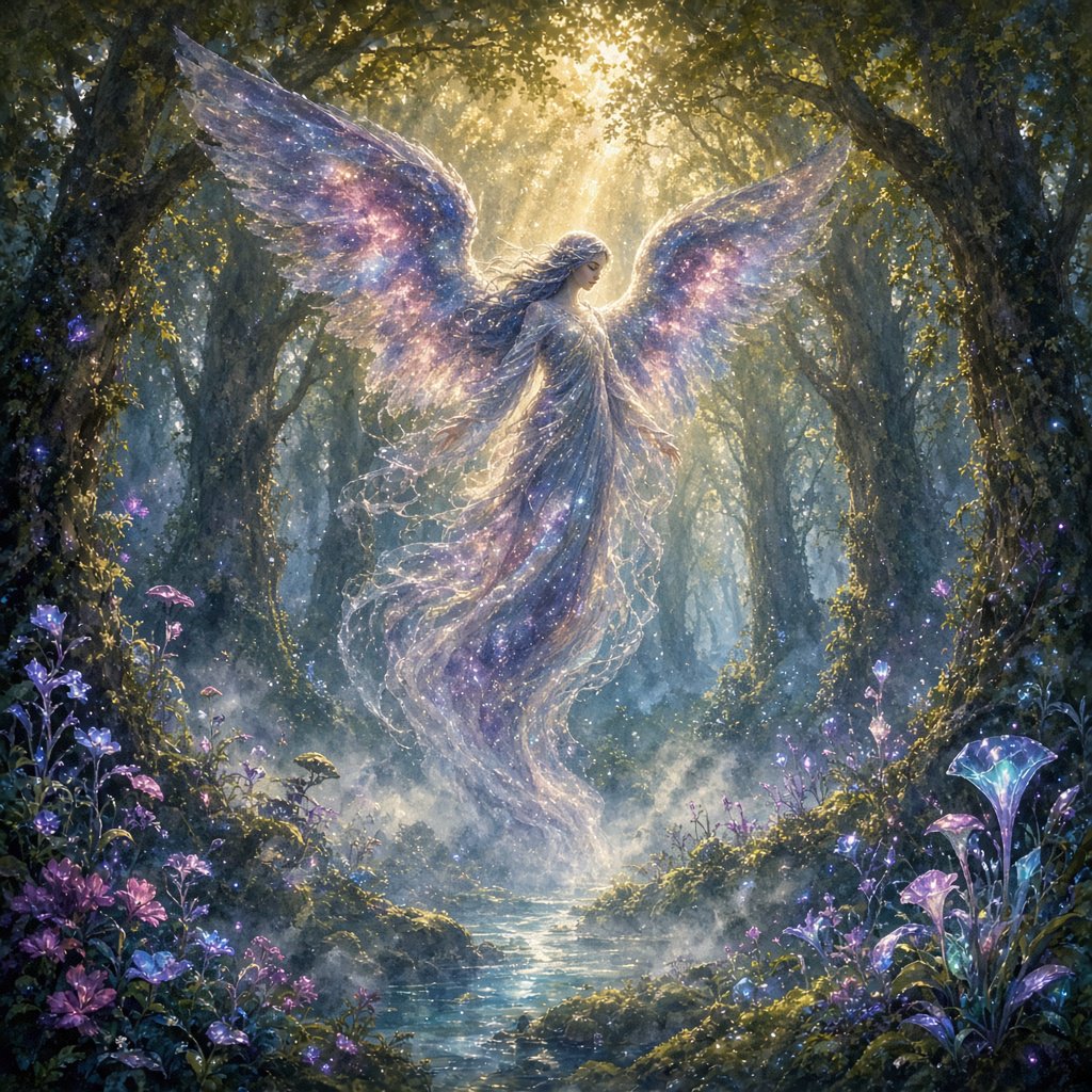 A lone angel with feathered wings, composed of swirling cosmic dust and nebulae, descends into a quiet, enchanted forest. Sunlight filters through the ancient canopy, illuminating wisps of mist and the vibrant, otherworldly plants below. The style is a fusion of hyper-detailed fantasy illustration and soft watercolor techniques, with the polished finish of concept art. — Grok Imagine Image 2