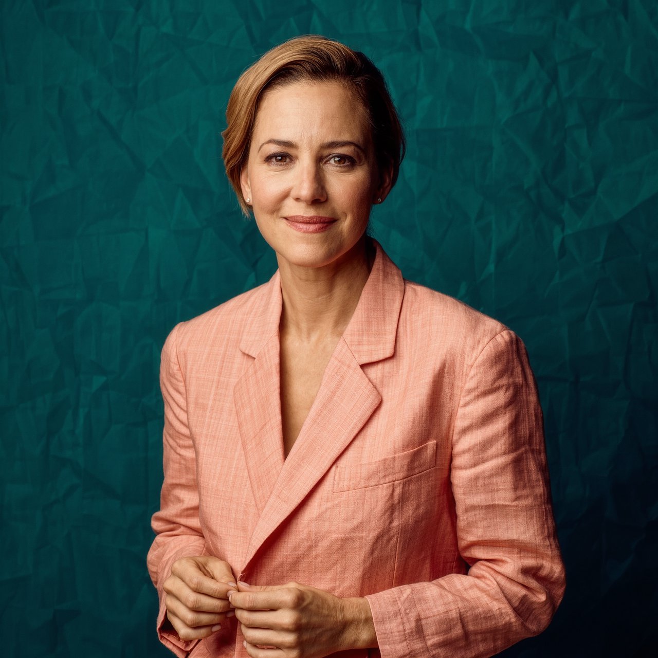 Portrait photograph of an adult woman in her early 30s wearing a pale apricot linen blazer, her hands gently smoothing its cuff. She looks quietly delighted against a deep teal paper backdrop, illuminated by soft, angled studio light. — Kling v3 Omni